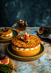 Tarte on sand base with fresh figs, almonds and crispy waffle with almonds and cocoa powder. Fresh Homemade Fruit Tart with berries