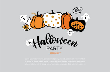 Spooky header or banner with glitter Halloween pumpkins. Poster, banner or background for Trick or Treat Halloween Party with scary pumpkins