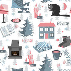 Hygge seamless pattern. Vector illustration with forest plants and cozy home things