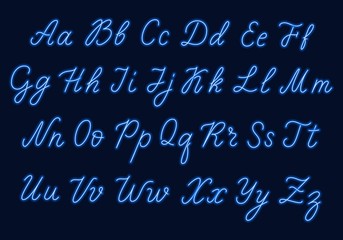 Blue neon script. Uppercase and lowercase letters.