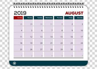 August 2019. Calendar planner design template. Week starts on Sunday. 