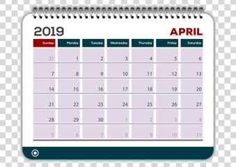 April 2019. Calendar planner design template. Week starts on Sunday. 