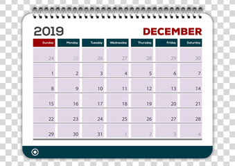 December 2019. Calendar planner design template. Week starts on Sunday. 