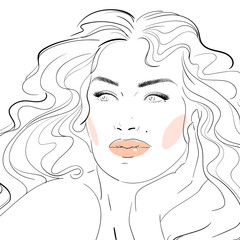 Fashion illustration. Makeup, cosmetics. Hand-drawn woman with curly luxurious hair. Girl with perfectly shaped eyebrows and full lashes. Perfect salon look. Beauty Salon concept. Great for Avatar