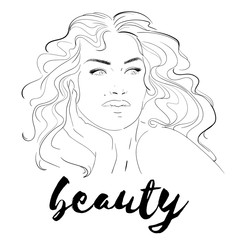 Fashion illustration. Makeup, cosmetics. Hand-drawn woman with curly luxurious hair. Girl with perfectly shaped eyebrows and full lashes. Perfect salon look. Beauty Salon concept. Great for Avatar