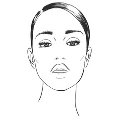 Beautiful woman face with nude make-up hand drawn vector illustration. Stylish original graphics portrait with beautiful young attractive girl model. Fashion, style, beauty. Graphic, sketch drawing.