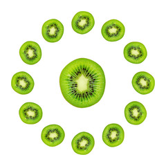 Slice of green raw kiwi fruit background, clock composition