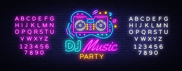 DJ Music Neon sign vector. Night Party Design template neon sign, Dj Sound Advertising light banner, neon signboard, nightly bright advertising, light inscription. Vector. Editing text neon sign