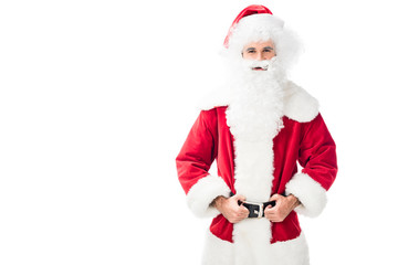 happy santa claus in traditional costume isolated on white background