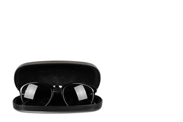 Stylish plastic sunglasses with container isolated on white background, copy space template
