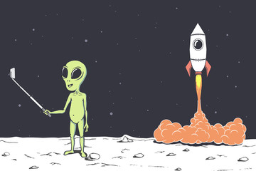 alien photographs himself on Moon against the background of a rocket .Space theme.Vector illustration