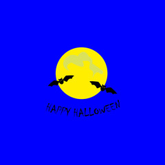 Halloween poster, banner. Icon of flying bat. Black bat. Silhouette. Night view of full moon and flying bats. Cartoon. Vector illustration.