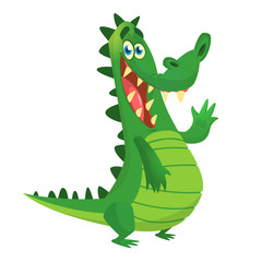 Obraz premium Cartoon shy crocodile smiling and waving. Vector character for sticker design or decoration