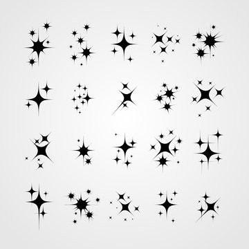 Set of star sparkling and twinkling cartoon. Black glittering star light particles. Vector illustration. Isolated on white background.