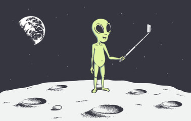 alien make selfie on the Moon.Space theme.Vector illustration