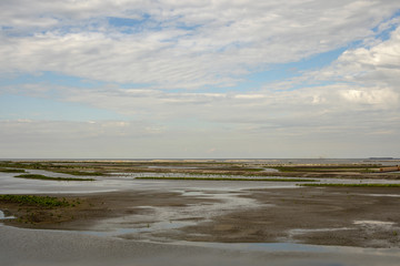 The Marker Wadden,artificial archipelago in development located in the Markermeer, a lake in the Netherlands, wetland made, with blue cloudy sky.