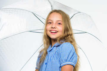 Girl child ready meet fall weather with umbrella. Enjoy rainy days with umbrella accessory. Best...