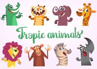 Naklejka premium Cartoon tropical African animal set. Vector. Big set of cartoon jungle animals flat vector illustration. Crocodile alligator, tiger, elephant, giraffe, lion, monk
