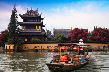 China traditional tourist boats at Shanghai Zhujiajiao town with boat and historic buildings,...