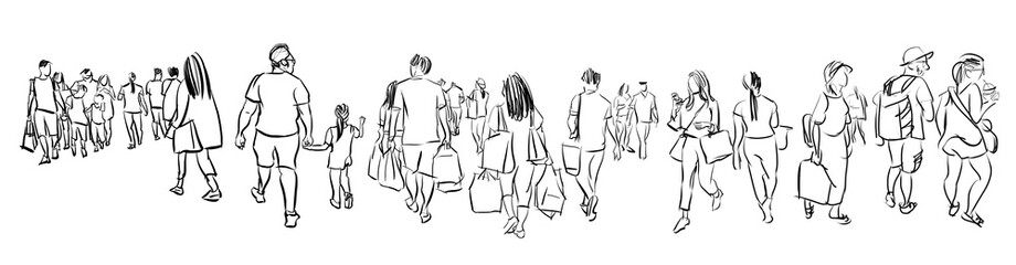 crowd group of people walking freehand ink sketch panorama view isolated on white background