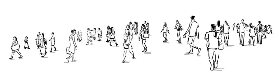crowd group of people walking freehand ink sketch panorama view isolated on white background