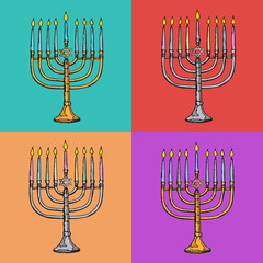 Jewish holiday Hanukkah greeting cards. Traditional Chanukah symbols -  menorah candles, star David glowing lights. Festival of lights pattern. Pop art vector illustration.. 