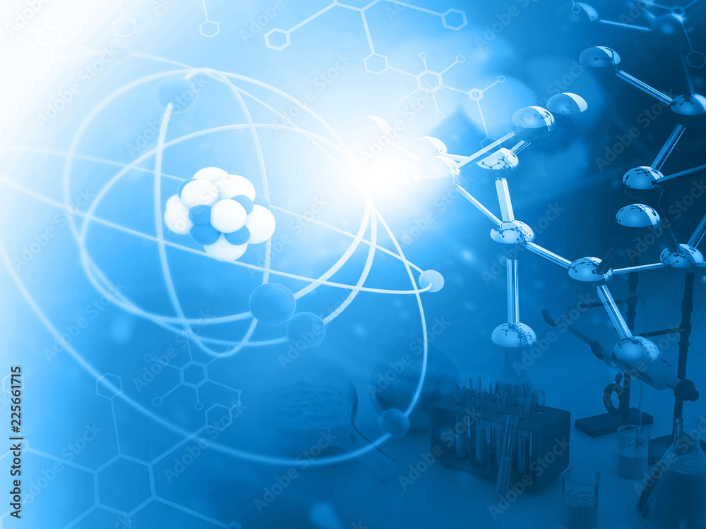 Wall mural atom with molecules. abstract science background. 3d illustration .