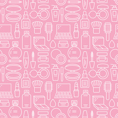 Makeup beauty care pink white seamless pattern with flat line icons. Cosmetics illustrations of lipstick, mascara, eyeshadows, foundation nail polish. Cute repeated wallpaper signs make up store.