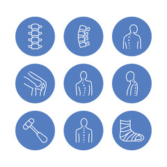 Spine, backbone line icons. Orthopedics clinic, medical rehab, back trauma, broken bone, posture correction scoliosis. Health care hospital circle signs, logo.