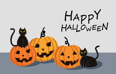 Halloween Pumpkin with black cat cartoon character design for card banner background.