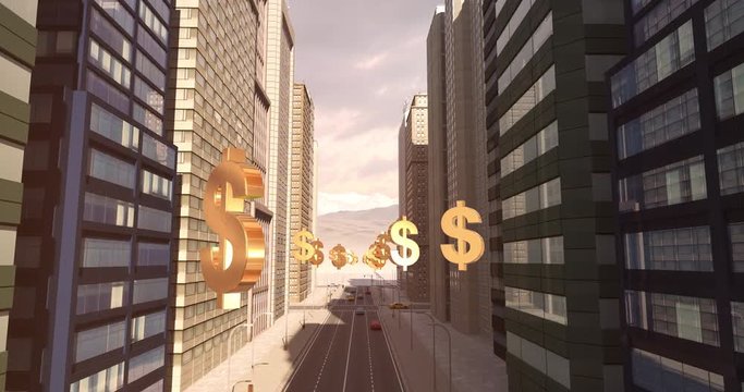 US Dollar Sign In The City - Business Related Aerial 3D City Flight Animation To Sky