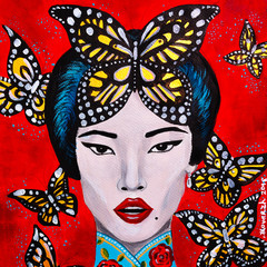 bello dipinto donna orientale bella e farfalle sfondo rosso