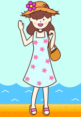  女性の祝日夏休みビーチリゾート旅行