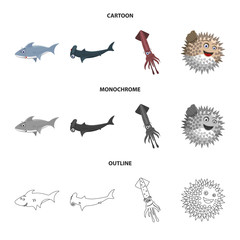 Vector illustration of sea and animal sign. Collection of sea and marine stock vector illustration.