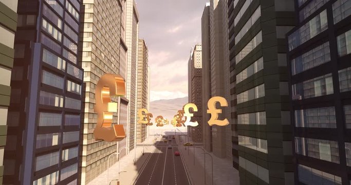 British Pound Sign In The City - Business Related Aerial 3D City Flight Animation To Sky