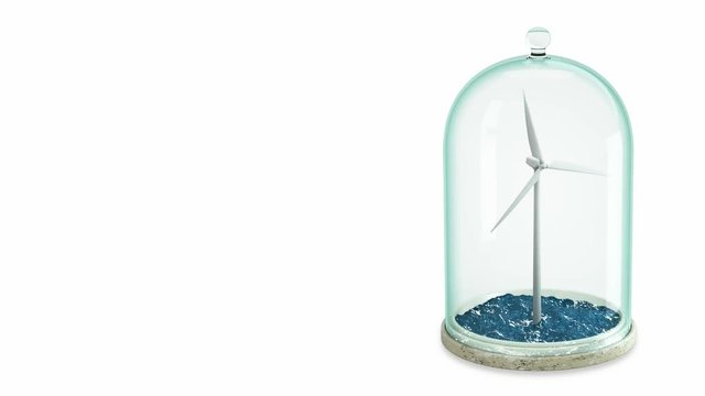 Windmill in sea under glass bulb isolated on white background. 3D 4K