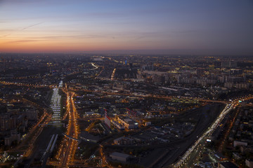 Capital of Russia. Evening panorama of Moscow from a height.