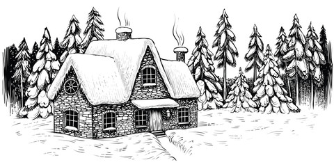 Winter house surrounded by firs and pines, covered with snow. Christmas idyllic landscape.