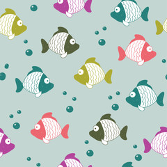 Seamless vector colorful hand drawn fish pattern.