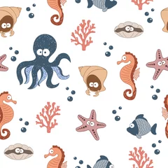 Behang Naadloze patroon met schattige zeedieren. Vector kinderachtige achtergrond. © Afanasia