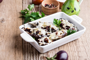 Stuffed eggplants with sun dried tomatoes and mozzarella cheese