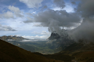 Grindelwald seen from Kleine Scheidegg during bad weather, Berner Oberland/Switzerland