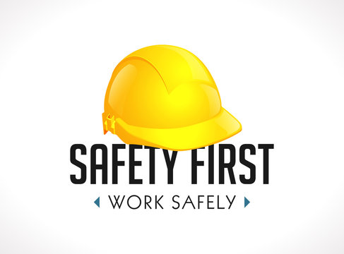 Safety first concept - work safely sign yellow helmet as warning sign
