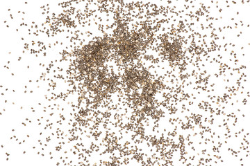 Lot of whole fresh mottled chia seeds flatlay isolated on white background