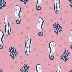 Seamless doodle sea horse pattern.