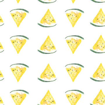     Seamless watercolor pattern with a piece of yellow Watermelon, vintage bright drawing of a topical fruit. Watercolor summer pattern of yellow watermelon 