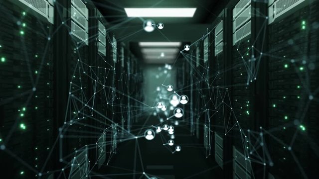 Beautiful Social Network Human Icons Moving in Abstract Server Room with DOF Blur. Looped 3d Animation of Server Racks. Digital Media and Futuristic Technology Concept. 4k Ultra HD 3840x2160.