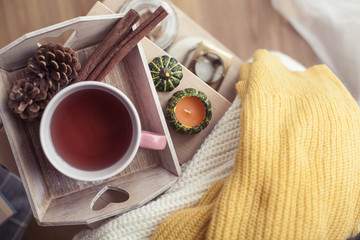 Knitted, warm sweaters, a cup of hot tea, autumn decor, a book, a pumpkin on a wooden chair. Cozy, autumn decor. Autumn interior, sofa. Autumn. Winter.