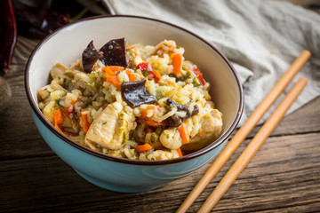 Risotto with chicken and vegetables.