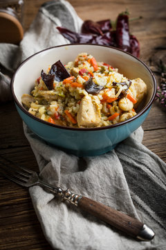 Risotto with chicken and vegetables.
